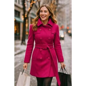 Kate Spade Belted Wool Coat - Small Pink, Double Breasted Notched Collar, Preppy